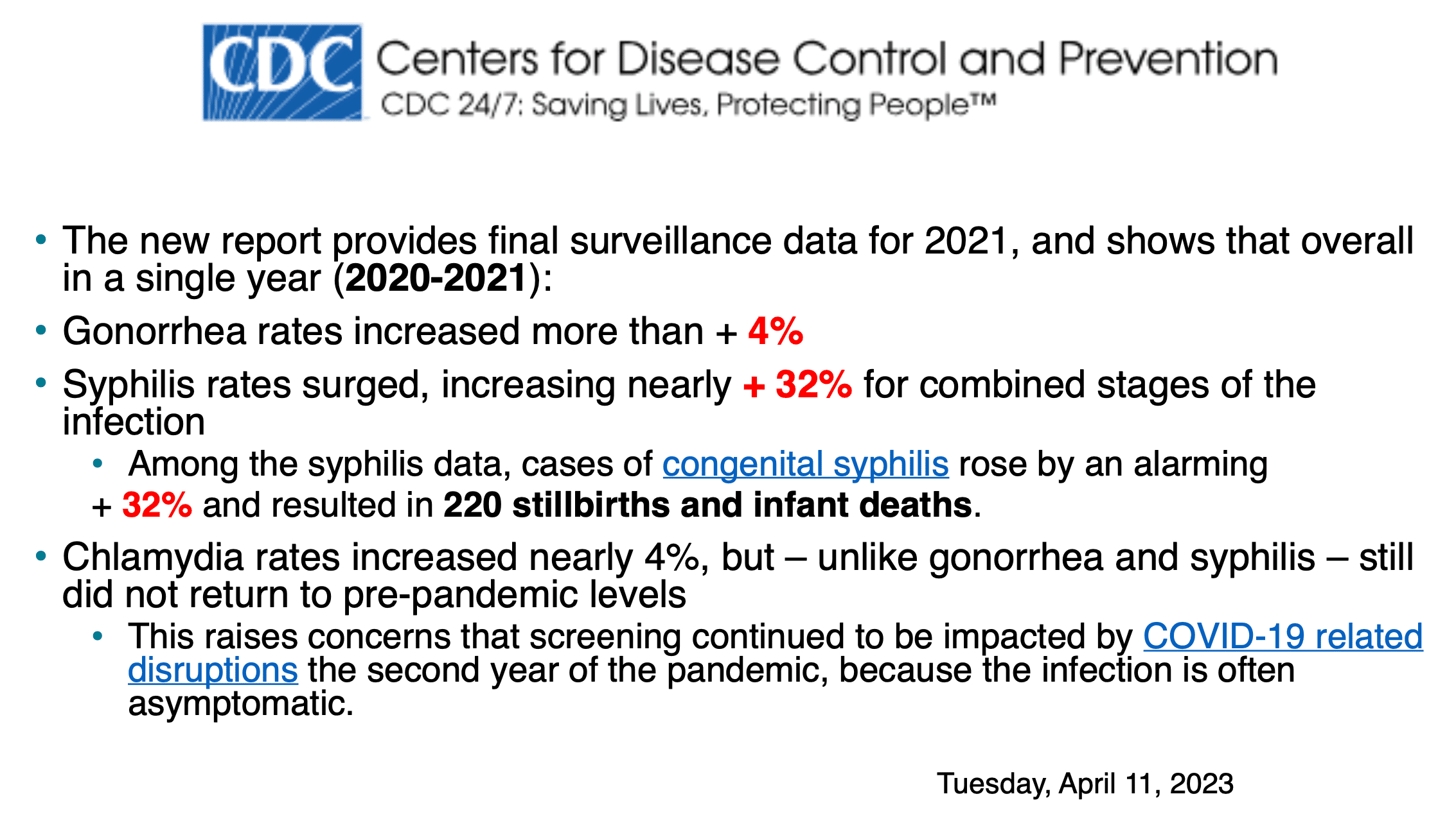 Nombre de cas de syphilis, de gonorrhée et de chlamydiae aux Etats-Unis pour 2021. Source: CDC