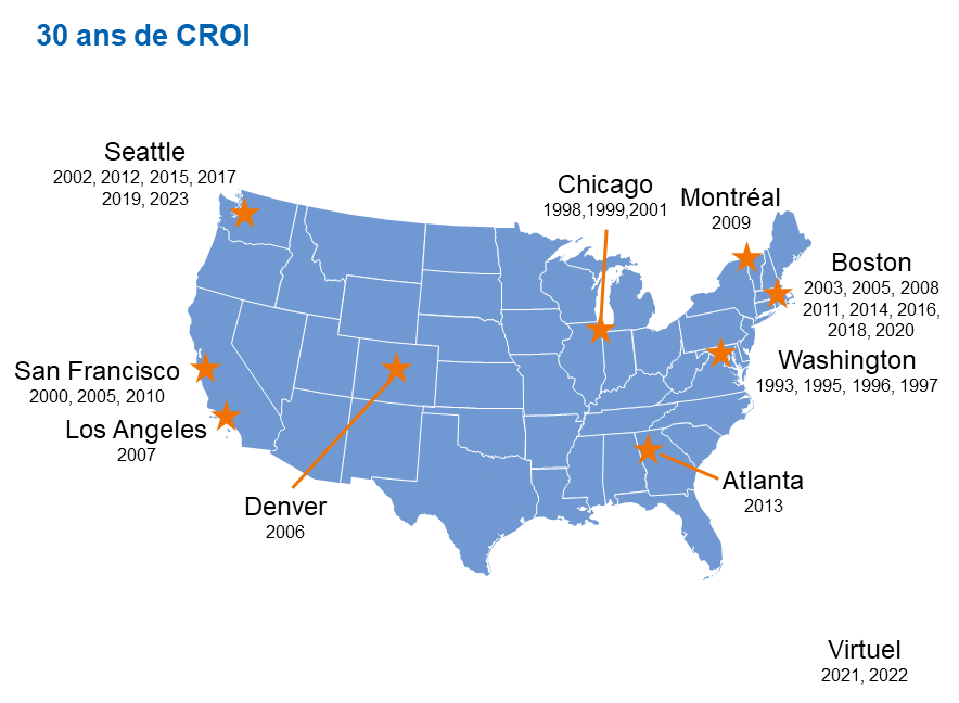 Carte des lieux aux États-UNis où s'est tenue la CROI depuis 30 ans. 
