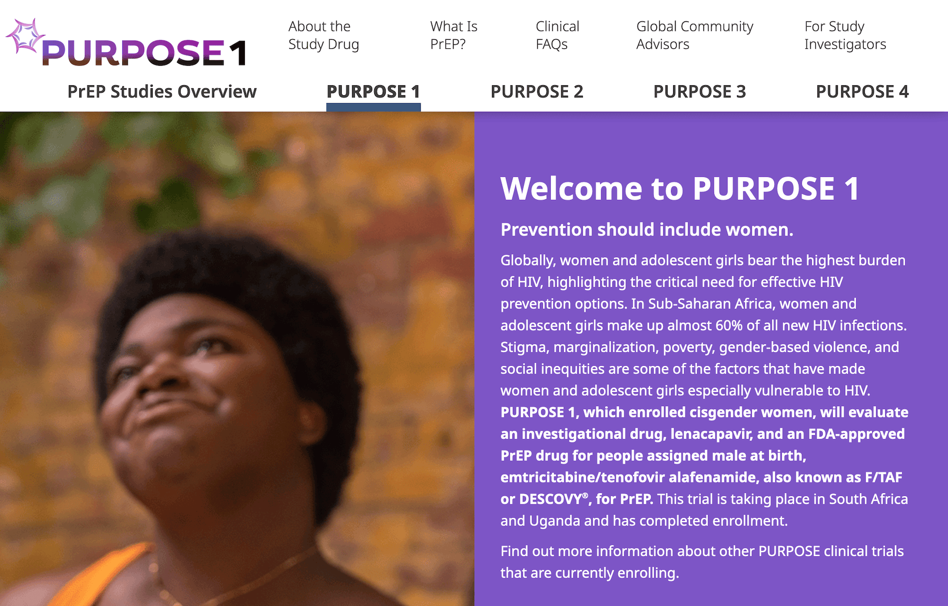 Capture d'écran de la page du site officiel de l'étude PURPOSE 1
